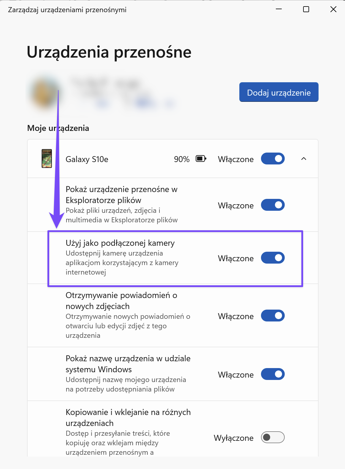 Ustawienia urządzenia mobilnego w Windows